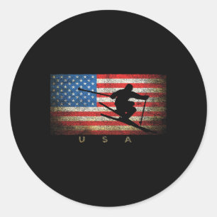 Vintage Usa Skiing American Flag Clic Women Girls Classic Round Sticker