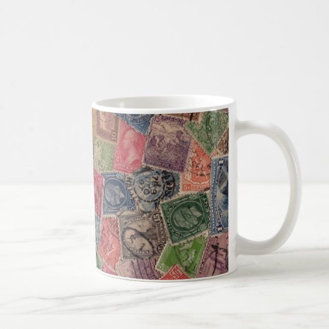 Vintage Used Postage Stamp Collage Coffee Mug (Right)