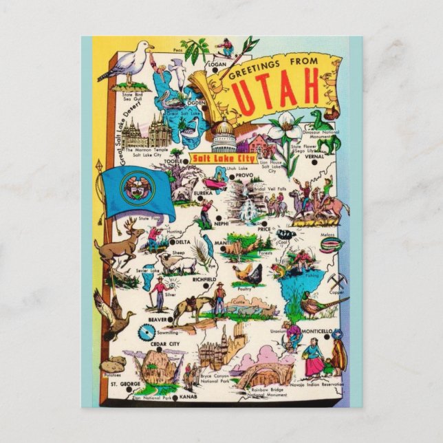 Vintage Utah Map Postcard (Front)