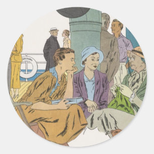 Vintage Vacation, Passengers Cruise Ship on Deck Classic Round Sticker
