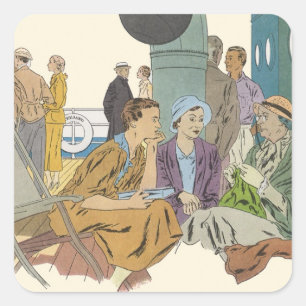 Vintage Vacation, Passengers Cruise Ship on Deck Square Sticker