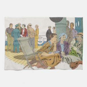 Vintage Vacation, Passengers Cruise Ship on Deck Tea Towel