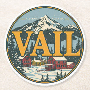 vintage Vail colorado outdoor winter snow ski Round Paper Coaster