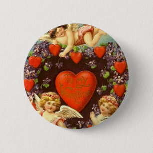 Vintage Valentine 3 Cupids And Red Hearts 6 Cm Round Badge