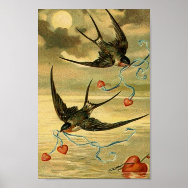 Vintage Valentine Barn Swallows Poster (Front)