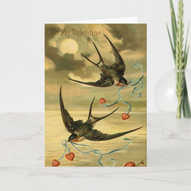 Vintage Valentine Barn Swallows With Hearts Holiday Card (Front)