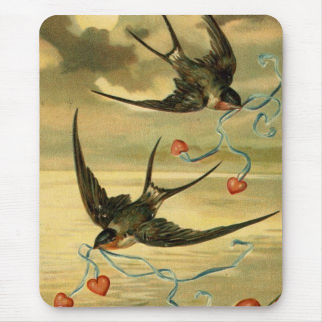 Vintage Valentine Barn Swallows With Hearts Mouse Mat (Front)