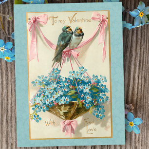 Vintage Valentine Birds and Forget Me Nots Holiday Postcard