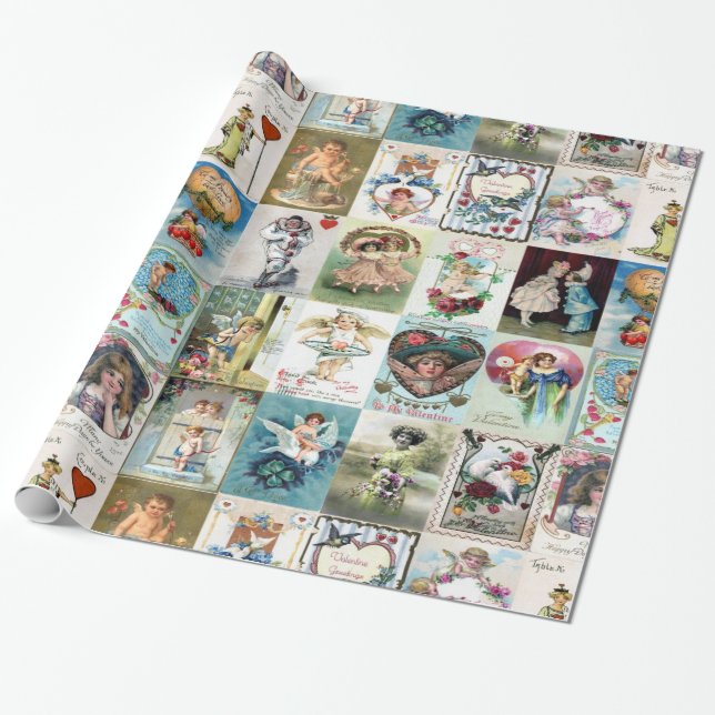 Vintage Valentine Cards Wrapping Paper (Unrolled)