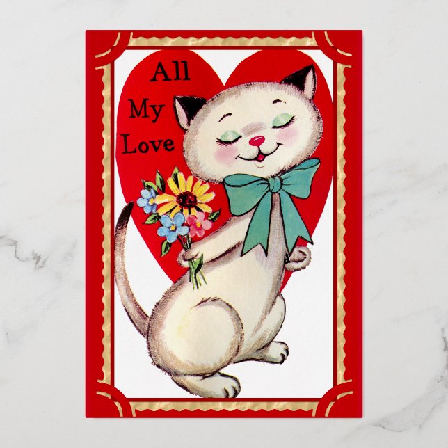 Vintage valentine cat art musical foil holiday card (Front)