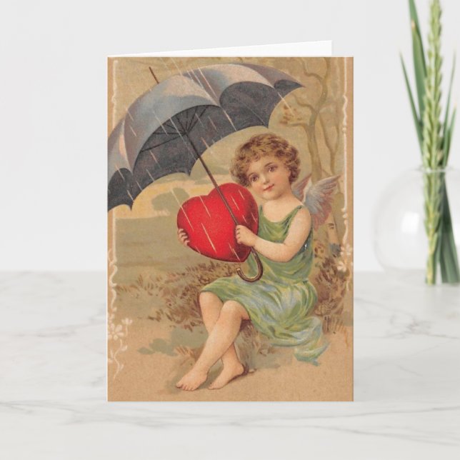 Vintage Valentine Cherub Holding Heart Holiday Card (Front)