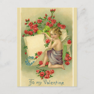 Vintage Valentine Cherub Surrounded by Red Roses Postcard