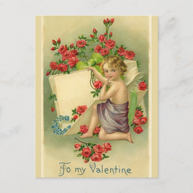 Vintage Valentine Cherub Surrounded by Red Roses Postcard (Front)
