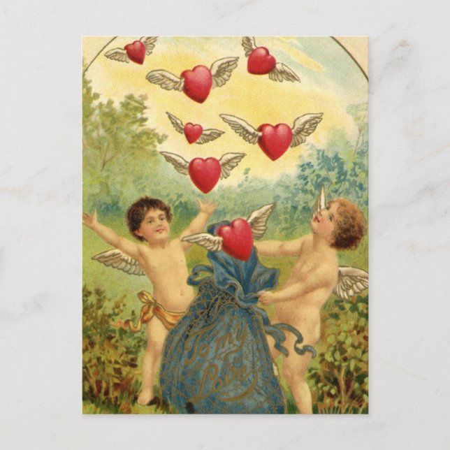 Vintage Valentine Cherubs and Hearts Holiday Postcard (Front)