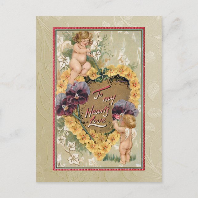 Vintage Valentine Cherubs and Pansies Postcard (Front)