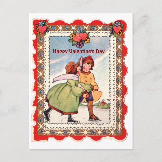 Vintage Valentine - Couple Ice Skating & Hearts Holiday Postcard (Front)