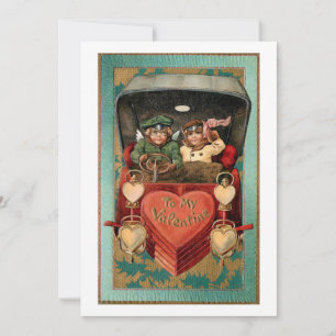 Vintage Valentine Couple in Car with Hearts Holiday Card