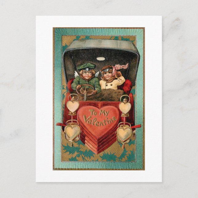 Vintage Valentine Couple in Car with Hearts Postcard (Front)