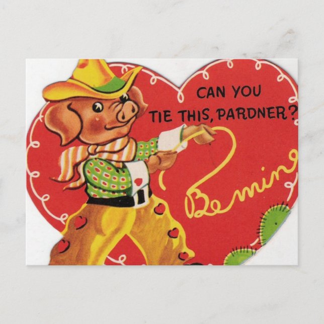 Vintage Valentine Cowboy Hog Holiday Postcard (Front)