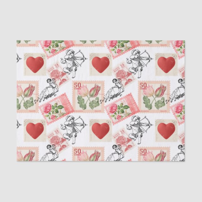 Vintage Valentine Cupid and Stamps Tissue Paper (Front)