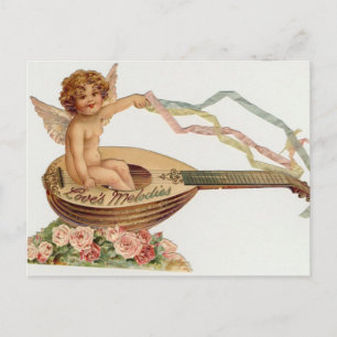 Vintage Valentine Cupid Loves Melodies Holiday Postcard