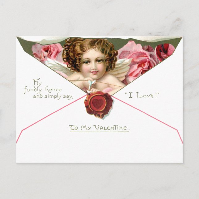 Vintage Valentine Cupid with Pink Roses Postcard (Front)