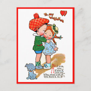 Vintage Valentine Cute Girl & Boy With Dog Postcard