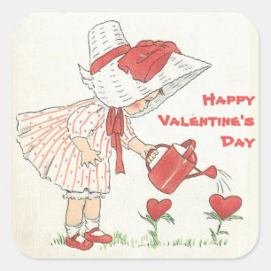 Vintage Valentine Cute Girl Waters Red Hearts Square Sticker