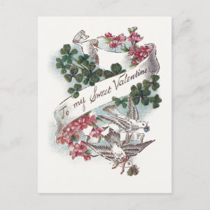 Vintage Valentine Doves, Clover and Flowers Holiday Postcard