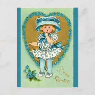 Vintage Valentine Girl Dressed in Blue Polka Dots Holiday Postcard