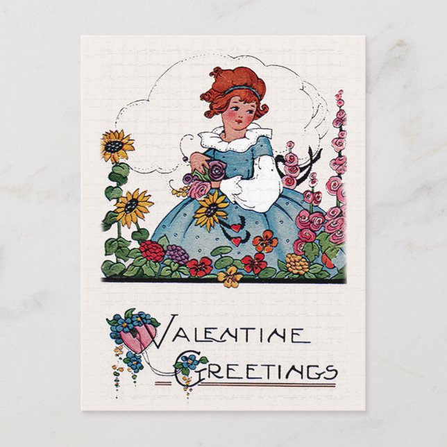 Vintage Valentine Girl in Flower Garden Card (Front)