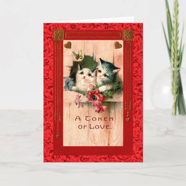 Vintage Valentine Grey Kittens & Hearts Holiday Card (Front)