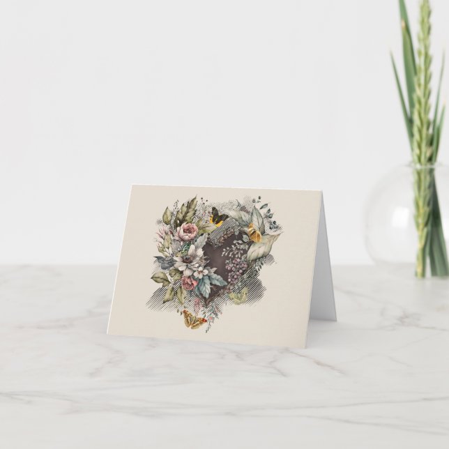 Vintage Valentine Heart, Flowers, Butterflies Holiday Card (Front)