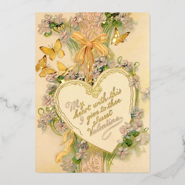Vintage Valentine Heart, Ribbons & Butterflies Foil Holiday Card (Front)