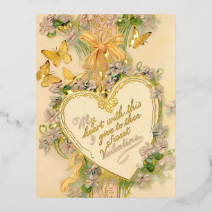 Vintage Valentine Heart, Ribbons & Butterflies Foil Holiday Postcard