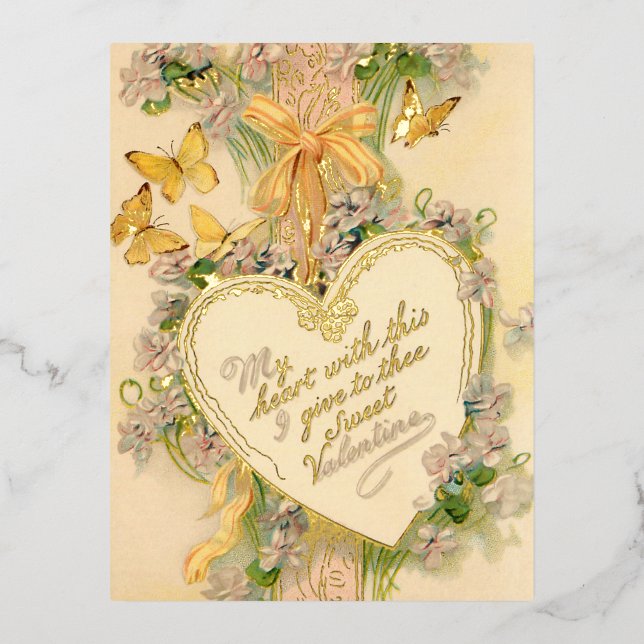Vintage Valentine Heart, Ribbons & Butterflies Foil Holiday Postcard (Front)