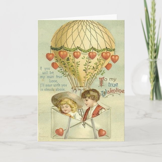 Vintage Valentine Hot Air Balloon Holiday Card (Front)