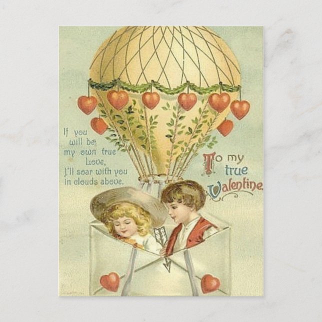 Vintage Valentine Hot Air Balloon Holiday Postcard (Front)