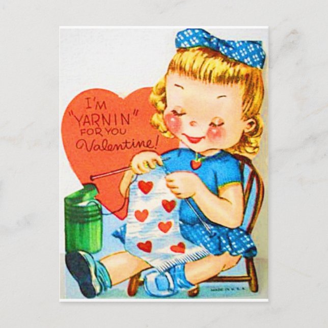 Vintage Valentine Knitting Holiday Postcard (Front)