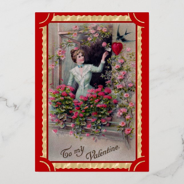 Vintage valentine lady art musical foil holiday card (Front)