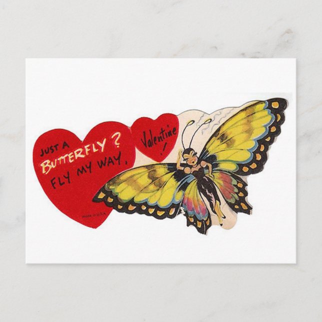Vintage Valentine Lady Butterfly Hearts Holiday Postcard (Front)