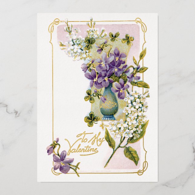 Vintage Valentine Lilies and Violets Foil Holiday Card (Front)