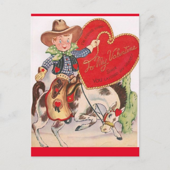 Vintage Valentine Little Cowboy on Bucking Bronco  Postcard (Front)