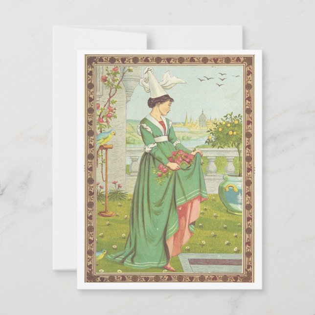 Vintage Valentine Mediaeval Lady with Flowers Holiday Card (Front)