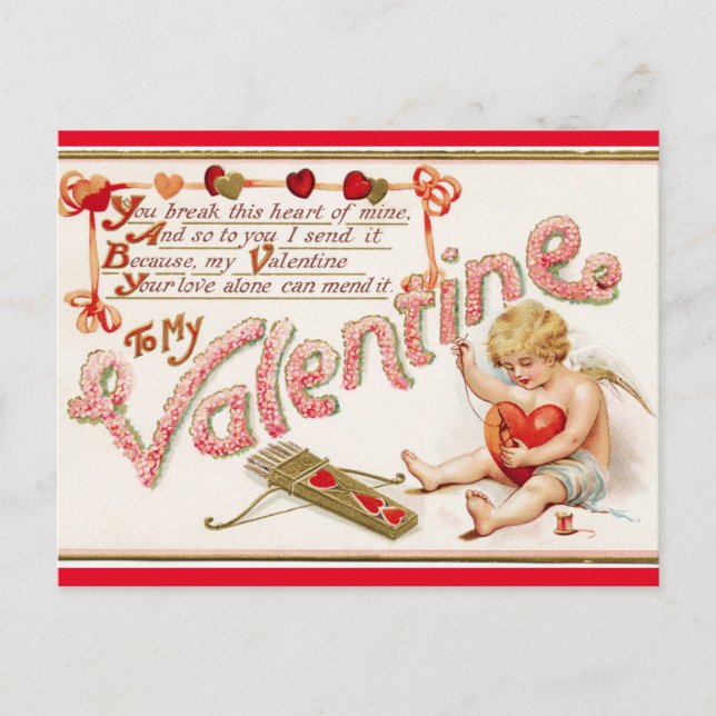 Vintage Valentine Mending Heart Holiday Postcard (Front)