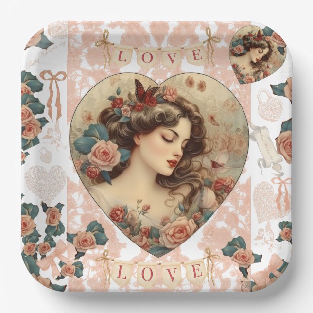 Vintage Valentine Party Paper Plate (Front)
