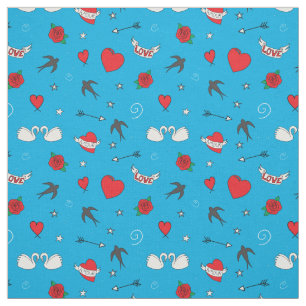 Vintage Valentine Pattern on Blue Fabric