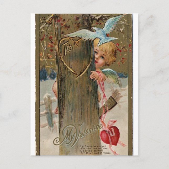 Vintage Valentine Peeking Cherub Holiday Postcard (Front)