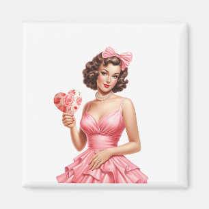 Vintage Valentine Pin-Up Girl with Heart Fan Magnet
