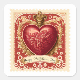 Vintage Valentine Red Heart Postage Stamp Square Sticker